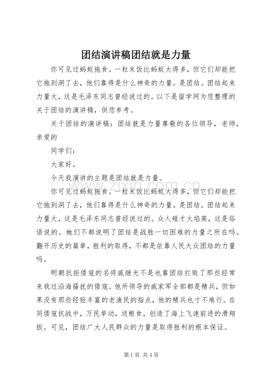 团结演讲稿团结就是力量.docx_第1页