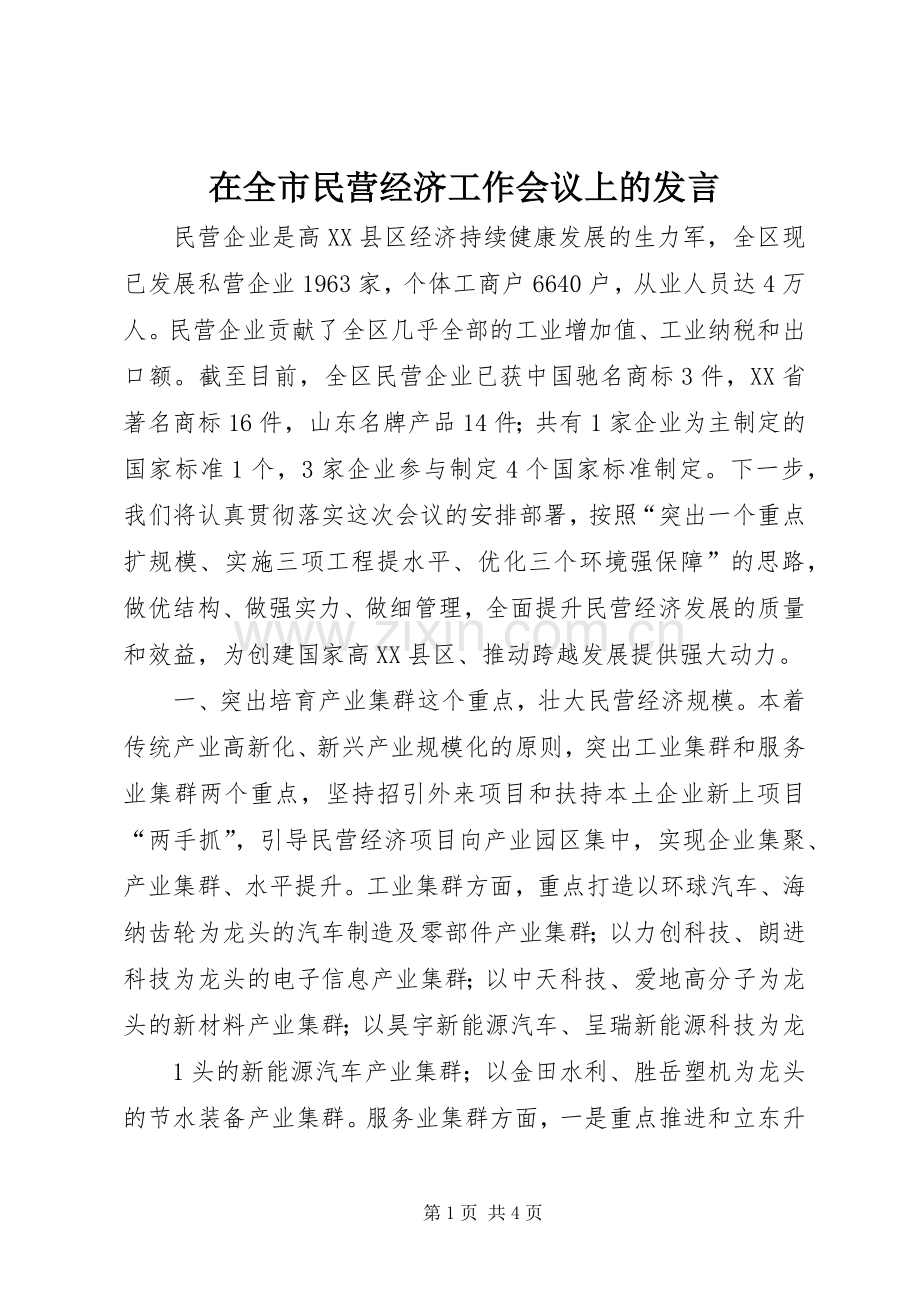 在全市民营经济工作会议上的发言稿 (2).docx_第1页