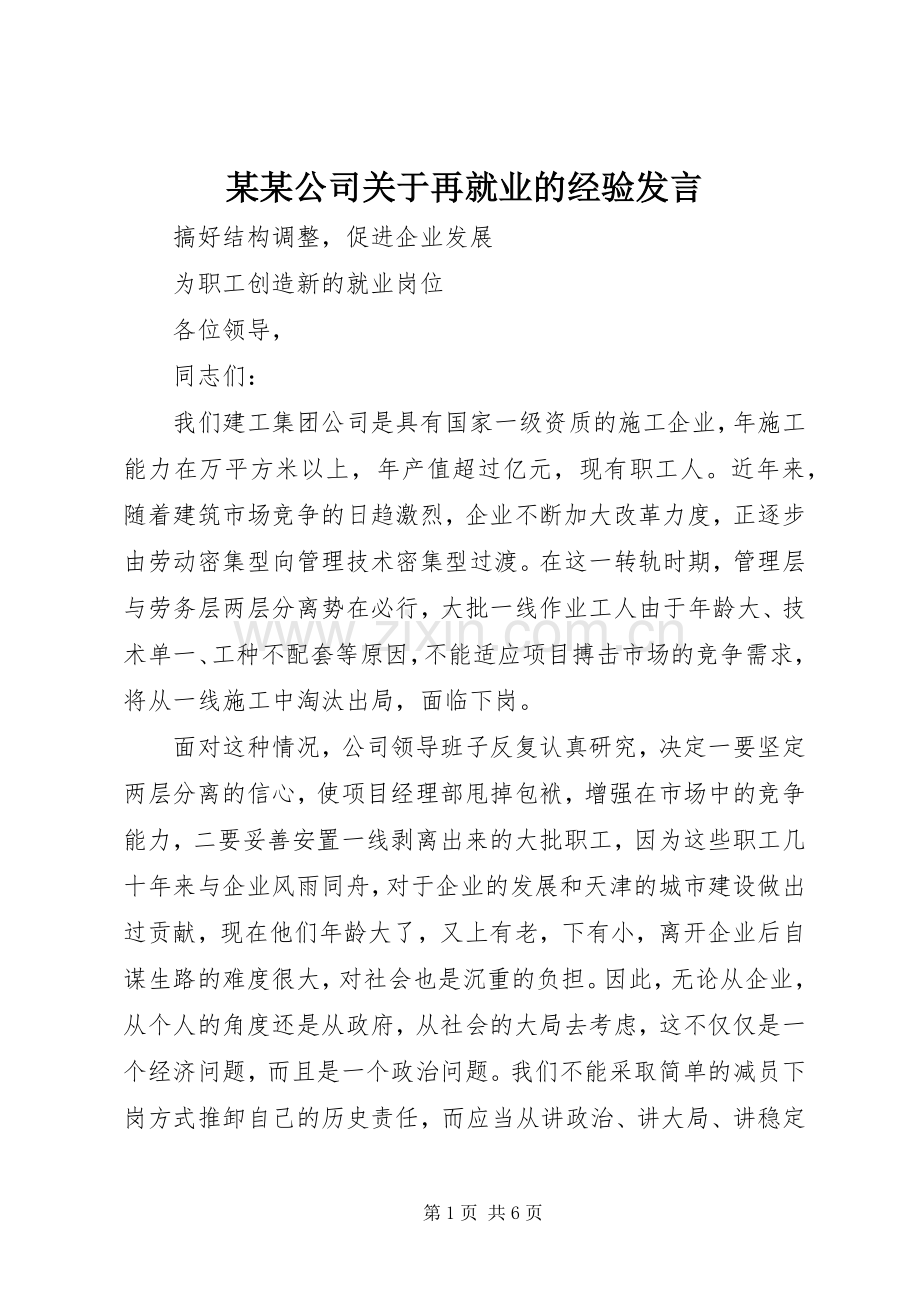 某某公司关于再就业的经验发言稿 (2).docx_第1页