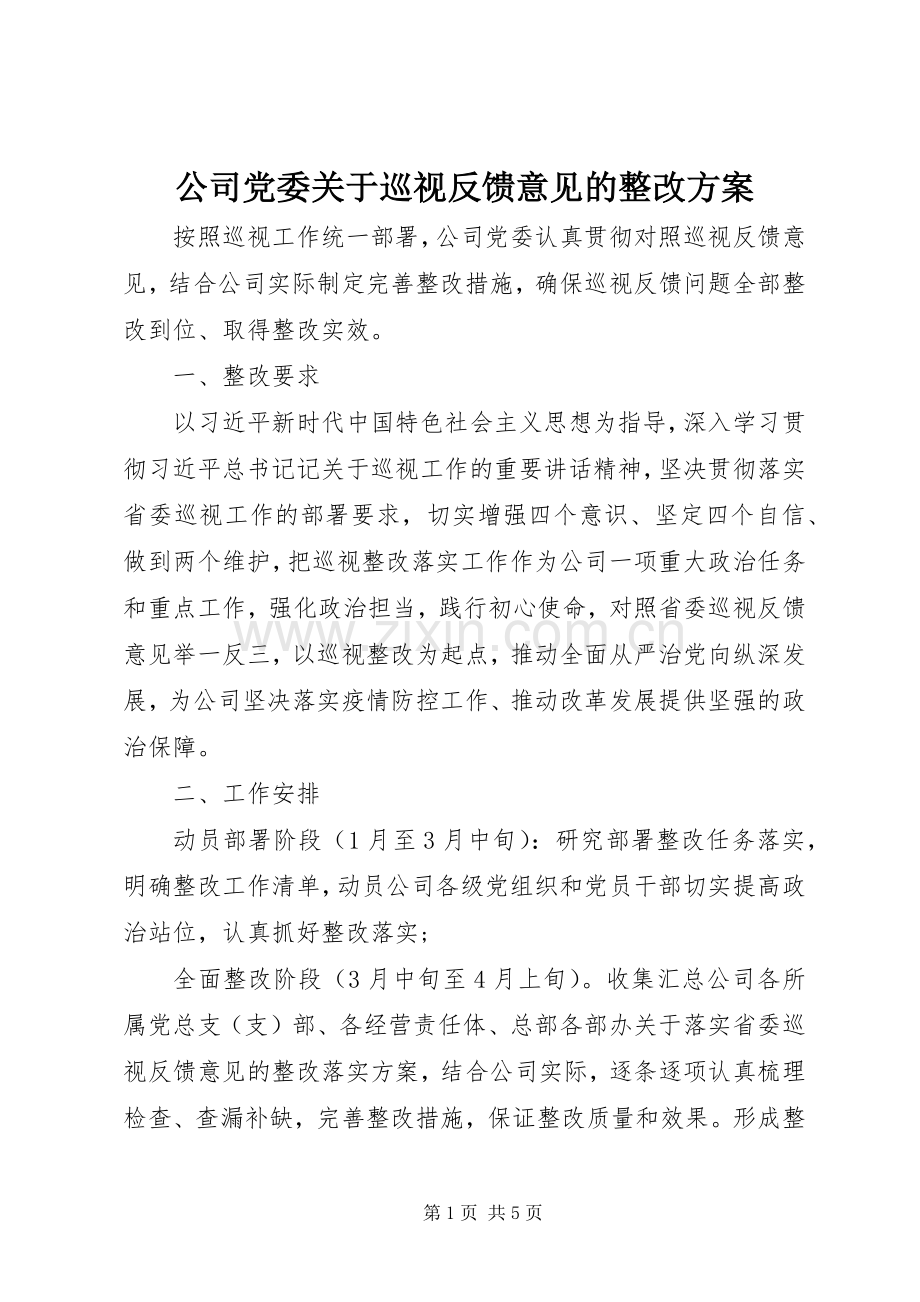 公司党委关于巡视反馈意见的整改实施方案 .docx_第1页