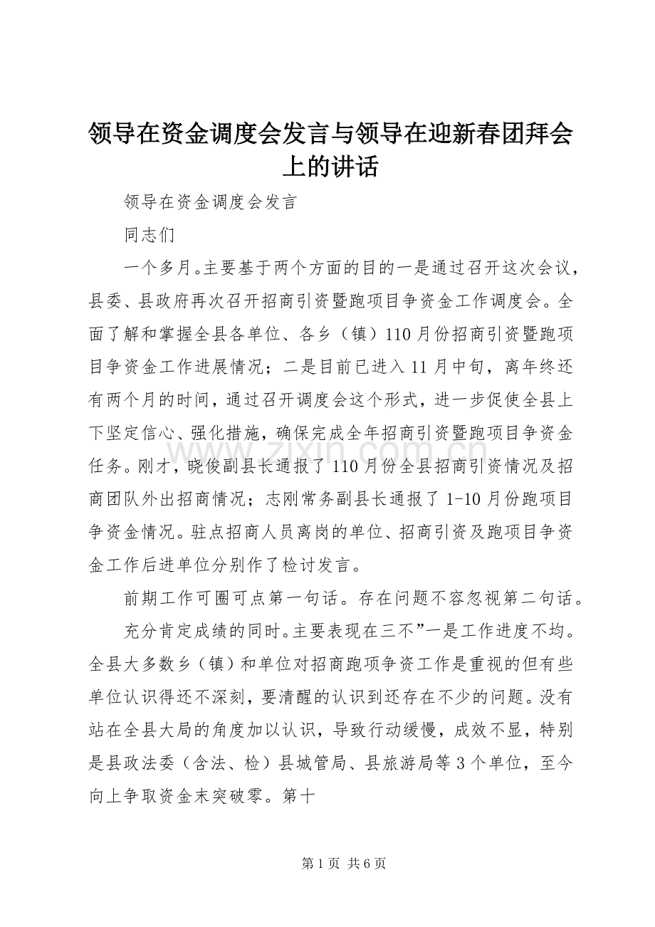 领导在资金调度会发言稿与领导在迎新春团拜会上的讲话.docx_第1页