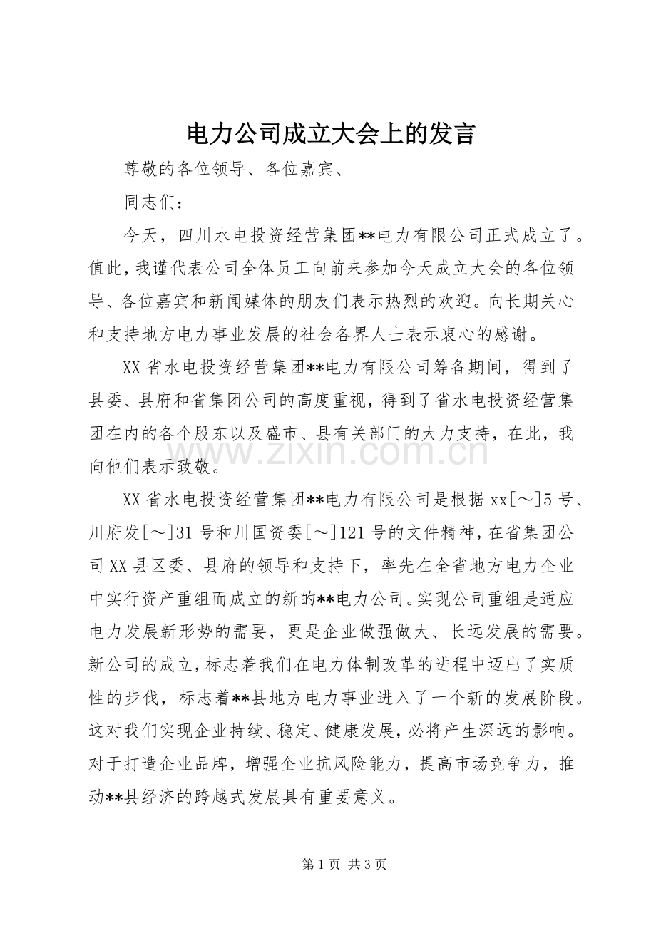 电力公司成立大会上的发言稿.docx_第1页