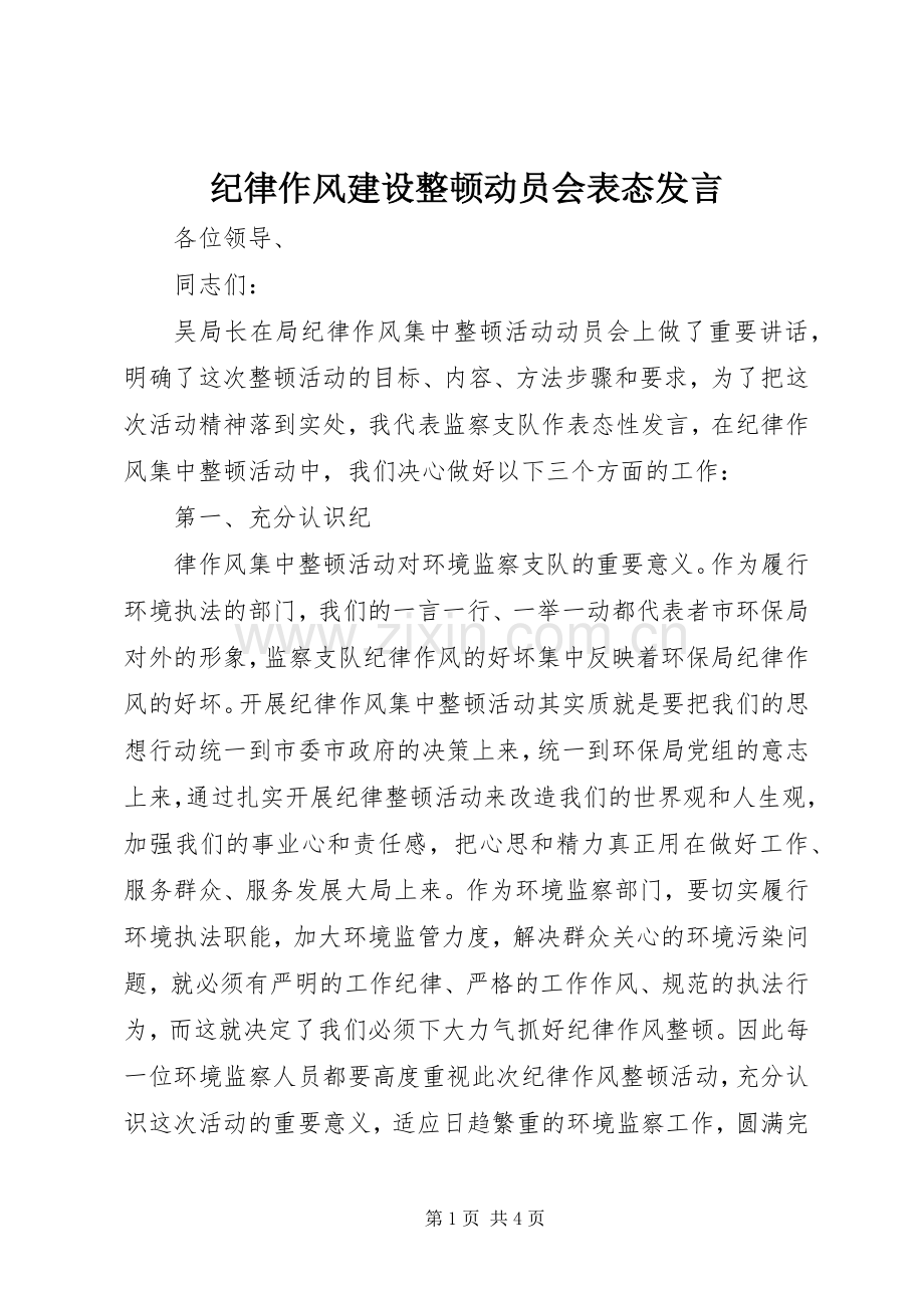 纪律作风建设整顿动员会表态发言稿 (2).docx_第1页