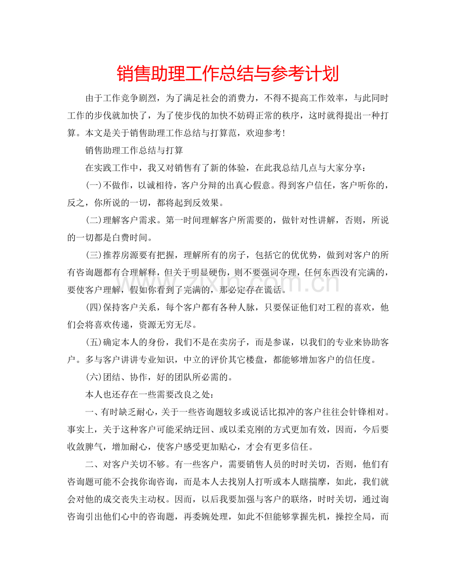 销售助理工作总结与参考计划.doc_第1页