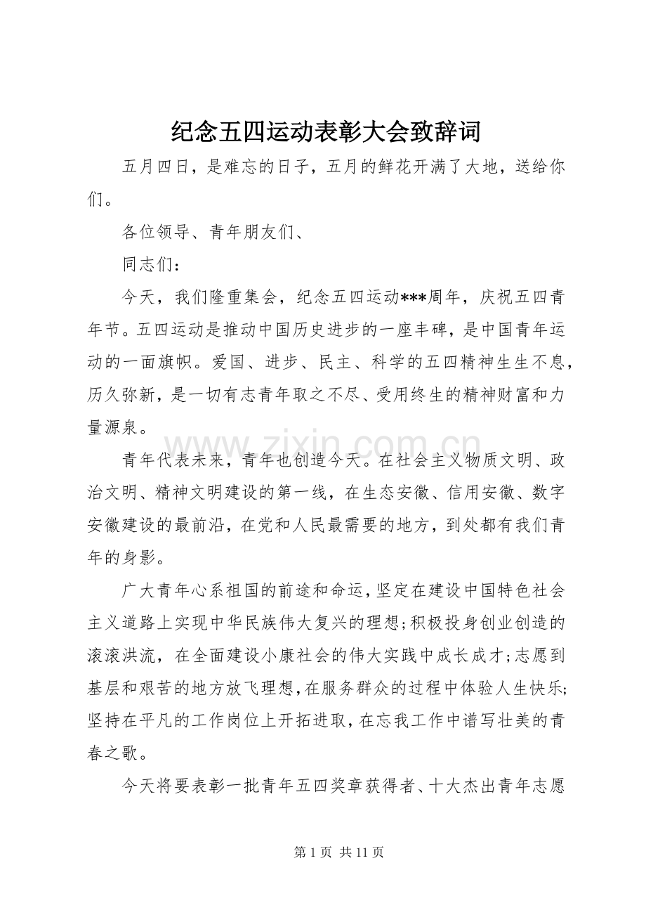 纪念五四运动表彰大会演讲致辞范文词.docx_第1页