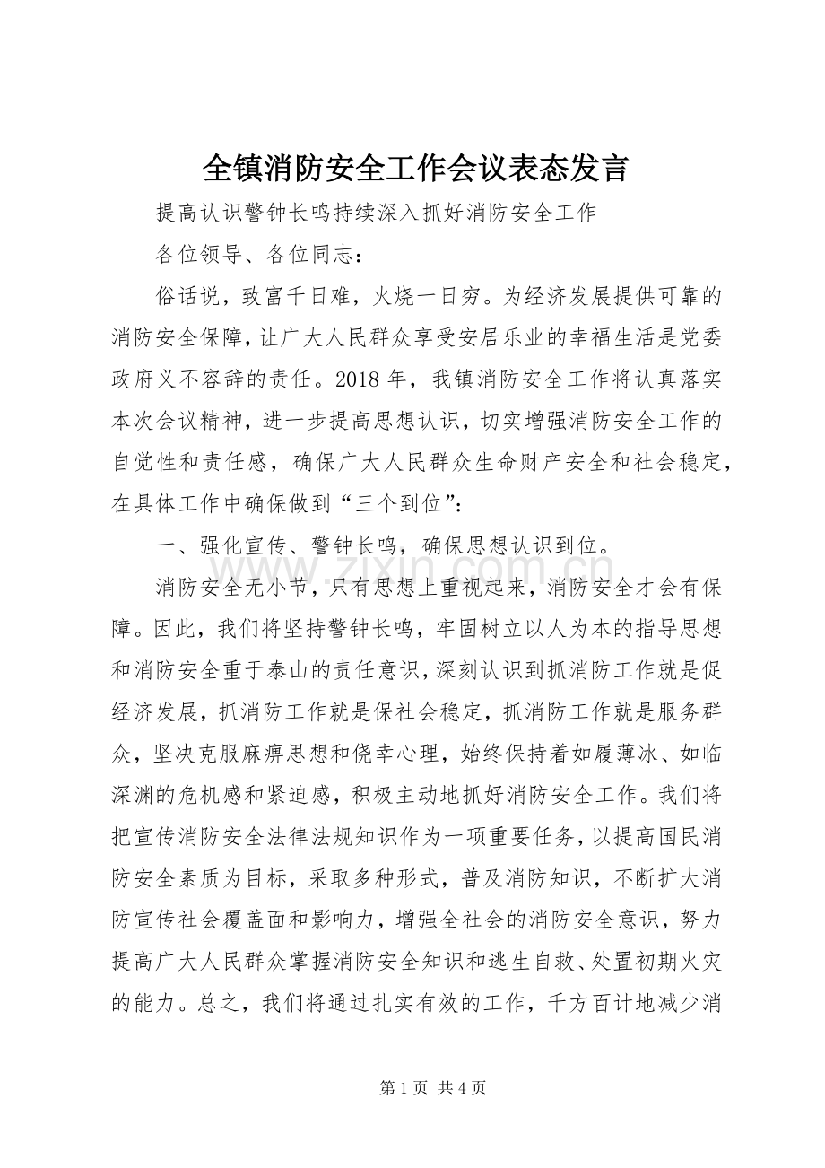 全镇消防安全工作会议表态发言稿.docx_第1页