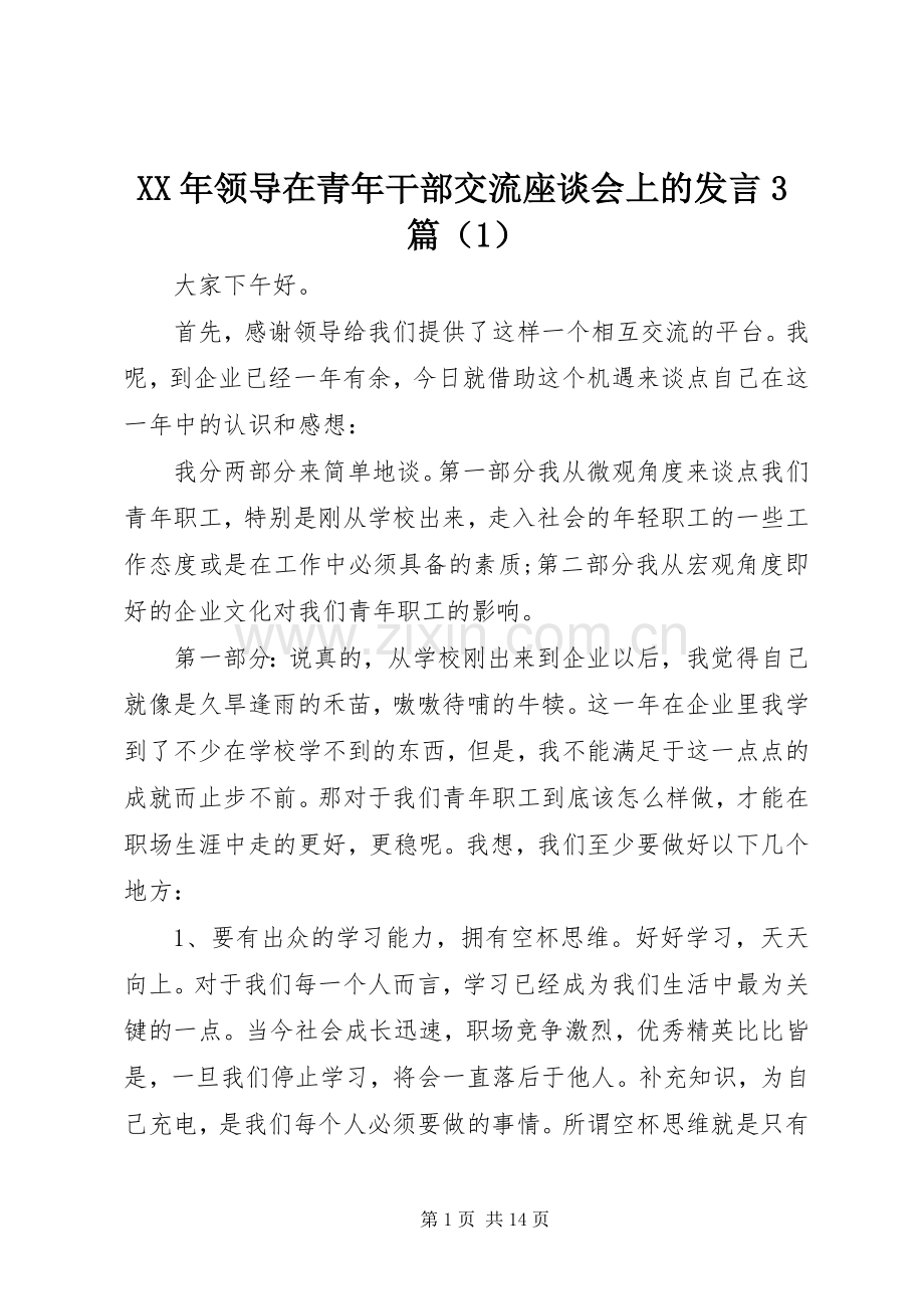 XX年领导在青年干部交流座谈会上的发言稿3篇（1）.docx_第1页