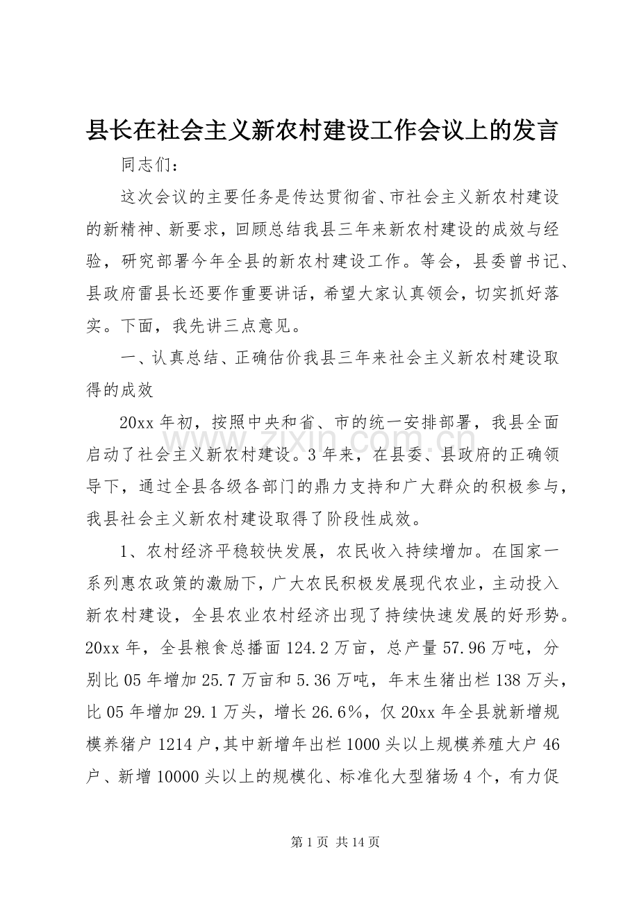 县长在社会主义新农村建设工作会议上的发言稿.docx_第1页