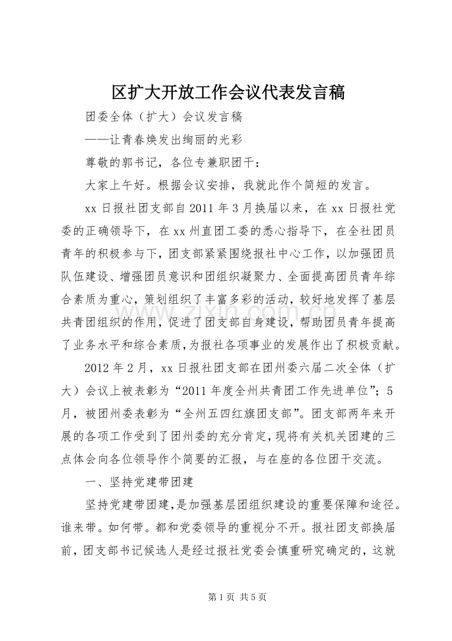 区扩大开放工作会议代表发言稿范文.docx_第1页