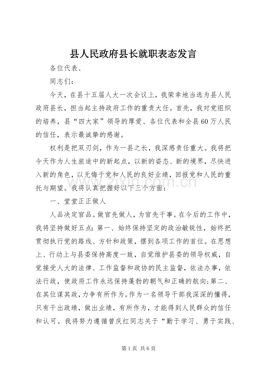 县人民政府县长就职表态发言稿.docx_第1页