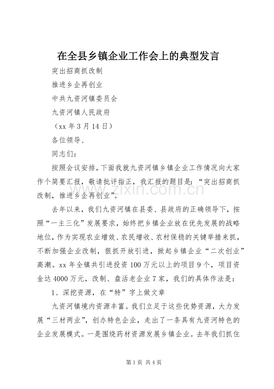 在全县乡镇企业工作会上的典型发言材料.docx_第1页