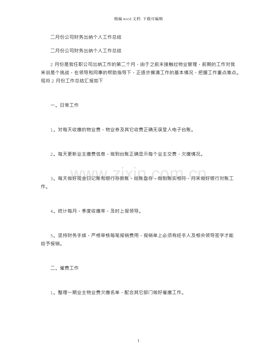 二月份公司财务出纳个人工作总结.docx_第1页