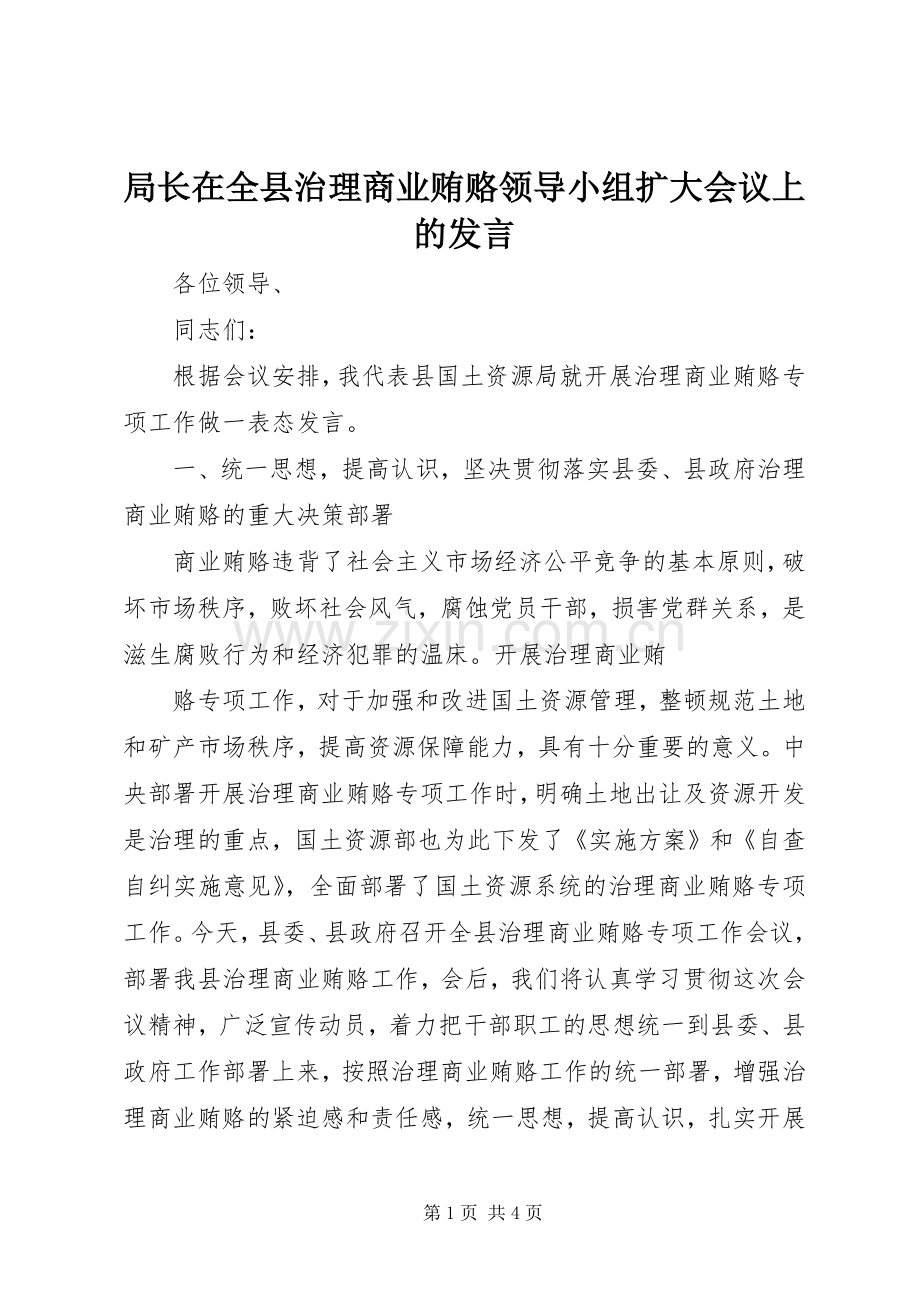 局长在全县治理商业贿赂领导小组扩大会议上的发言稿 (2).docx_第1页