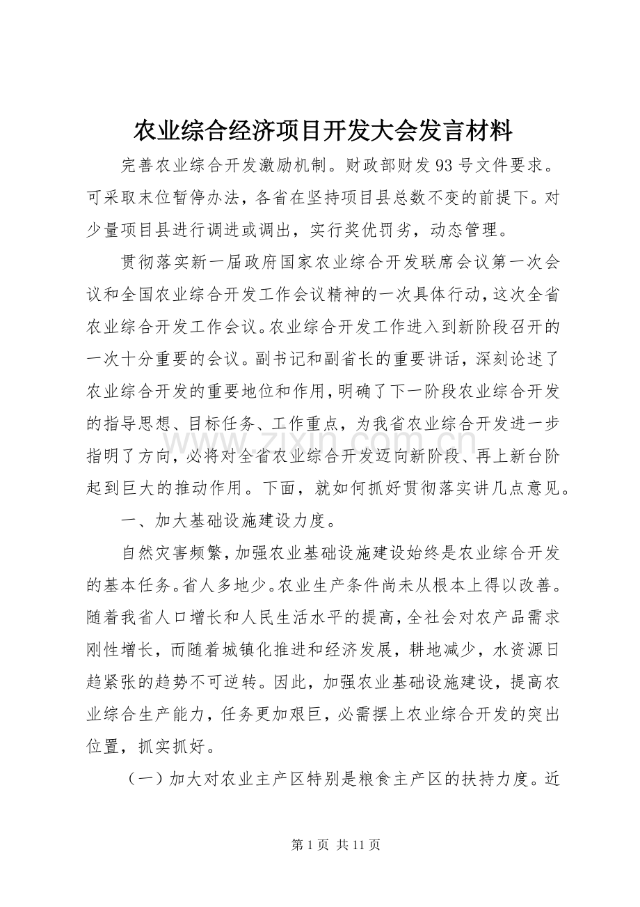 农业综合经济项目开发大会发言材料提纲.docx_第1页