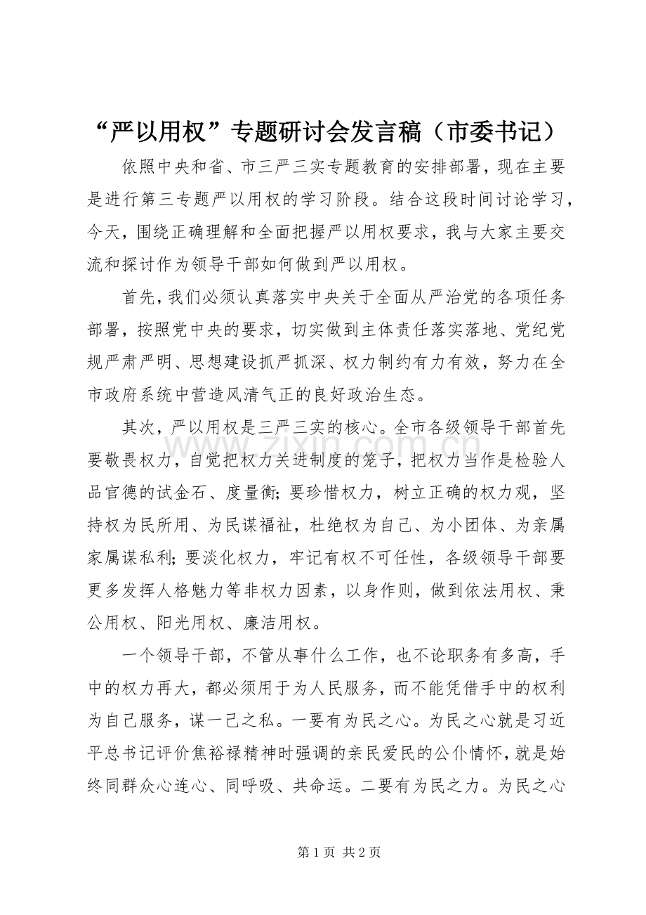 “严以用权”专题研讨会发言（市委书记）.docx_第1页