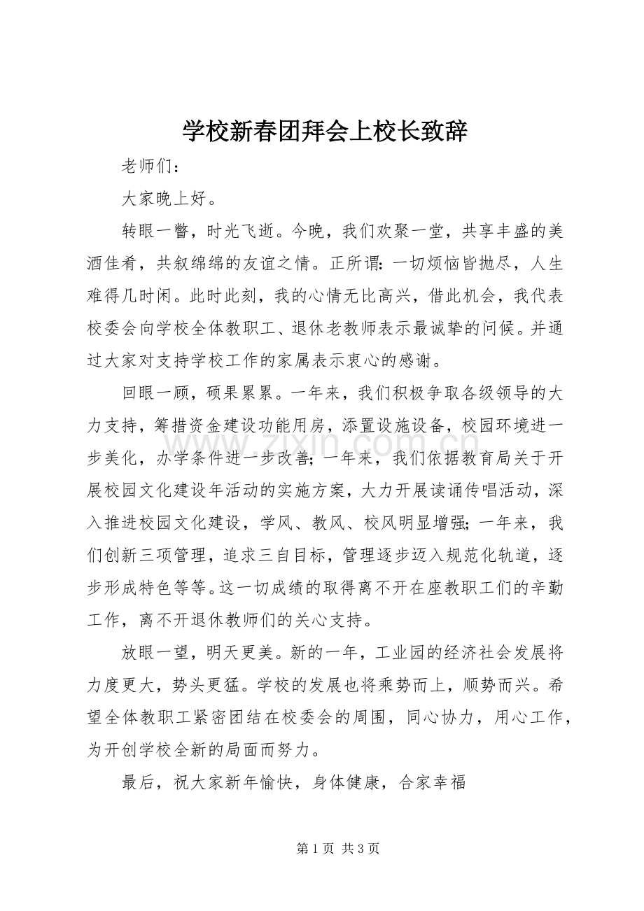 学校新春团拜会上校长演讲致辞.docx_第1页