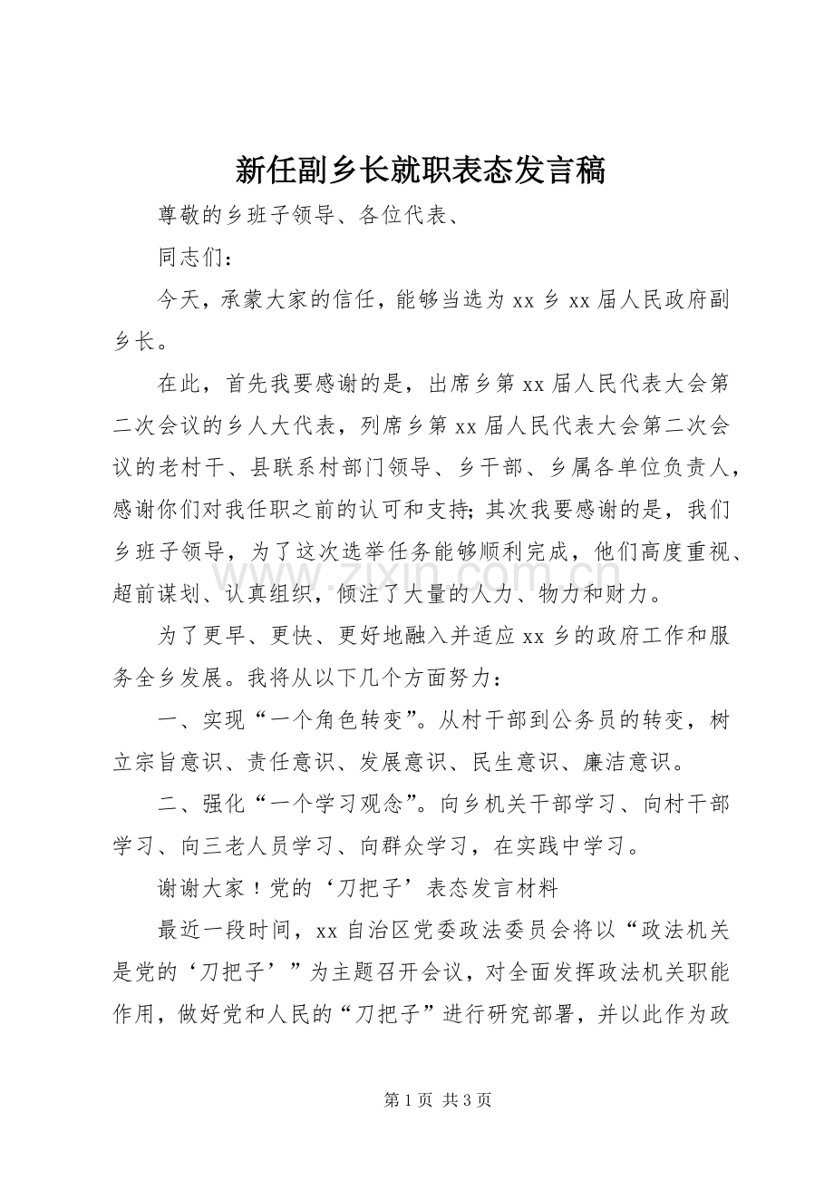 新任副乡长就职表态发言稿范文.docx_第1页