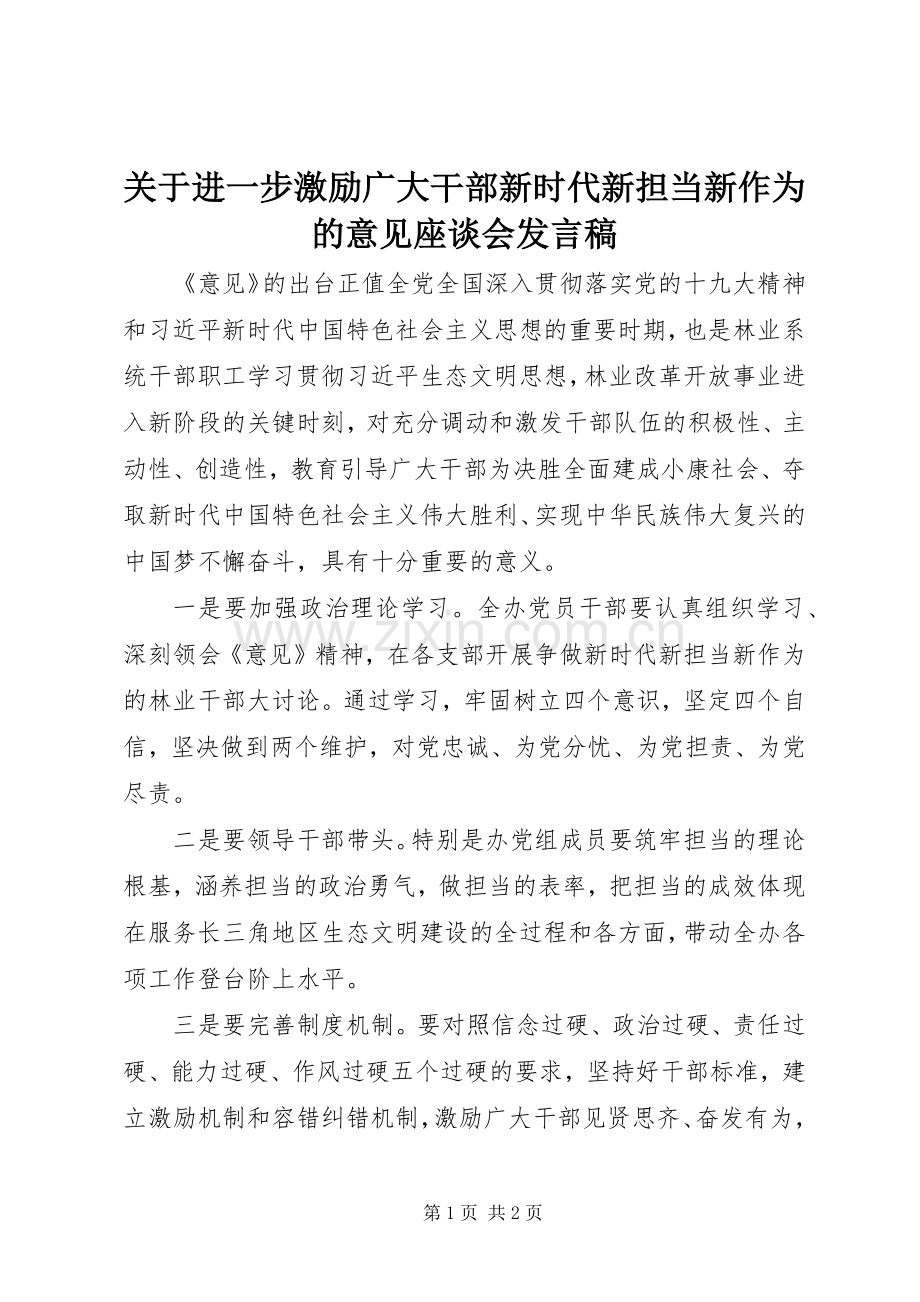 关于进一步激励广大干部新时代新担当新作为的意见座谈会发言稿.docx_第1页