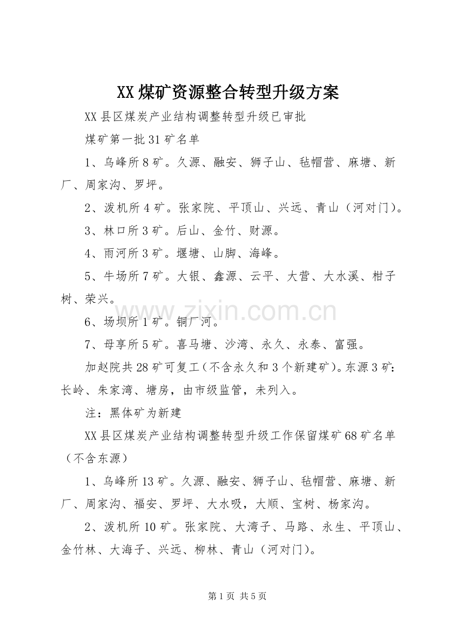 XX煤矿资源整合转型升级实施方案 .docx_第1页