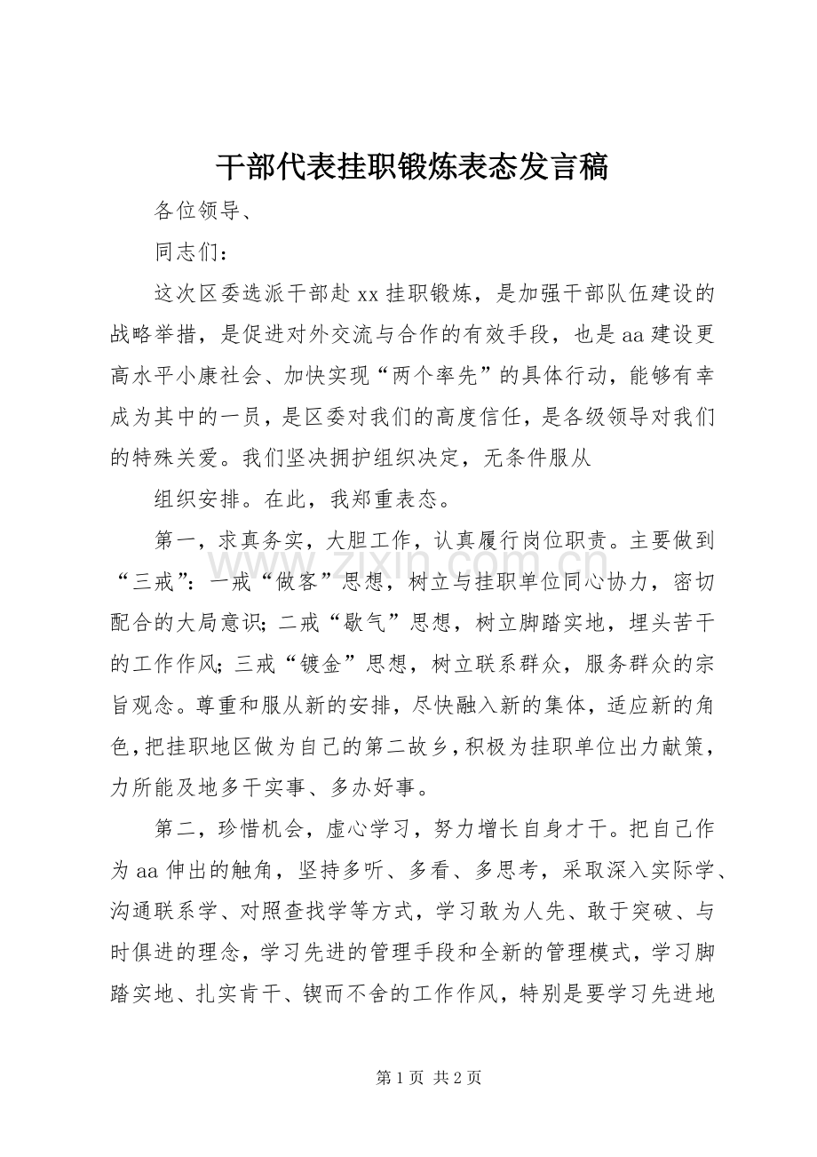 干部代表挂职锻炼表态发言_1.docx_第1页