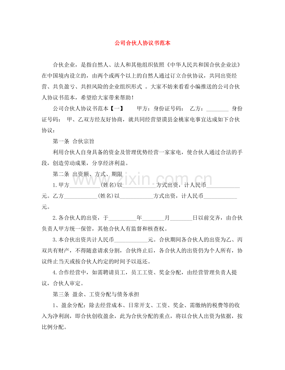 公司合伙人协议书范本.docx_第1页