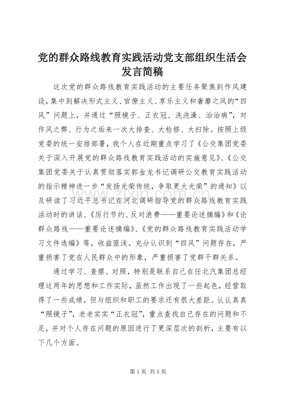 党的群众路线教育实践活动党支部组织生活会发言稿范文简稿 (2).docx_第1页