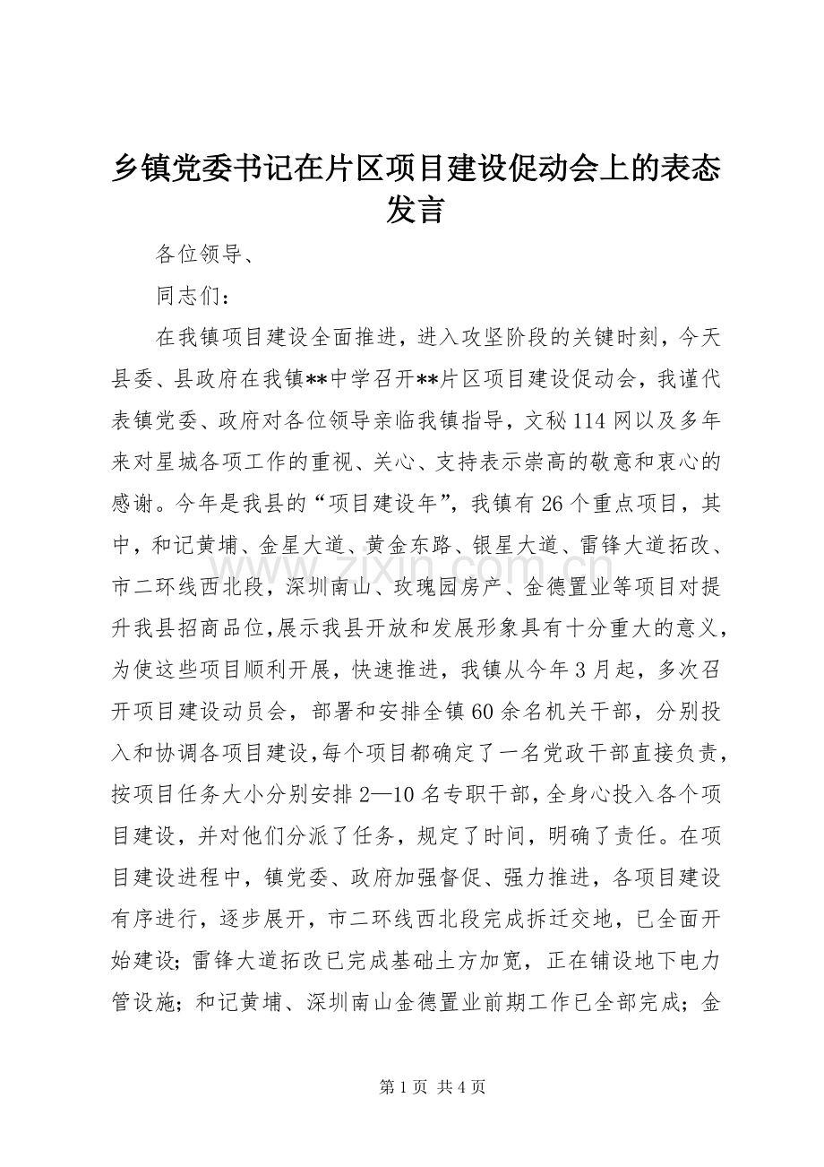 乡镇党委书记在片区项目建设促动会上的表态发言稿.docx_第1页