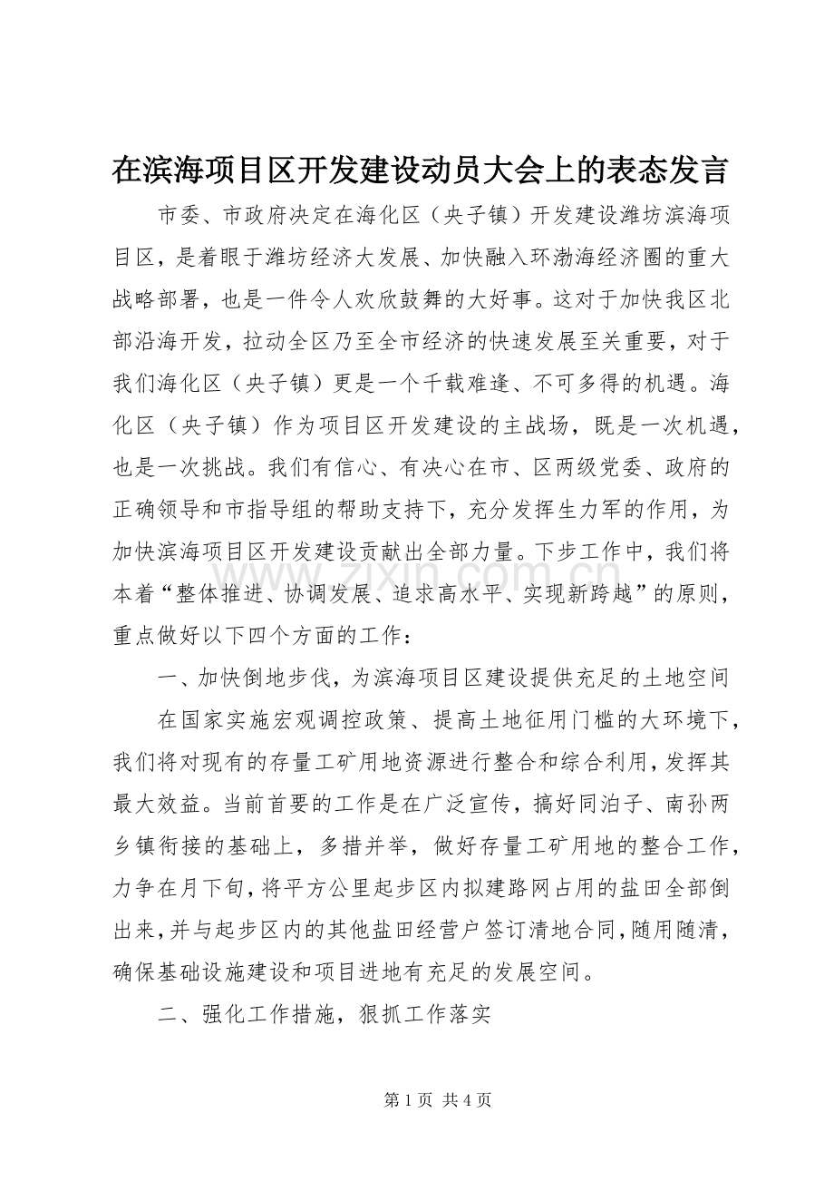 在滨海项目区开发建设动员大会上的表态发言稿 (2).docx_第1页