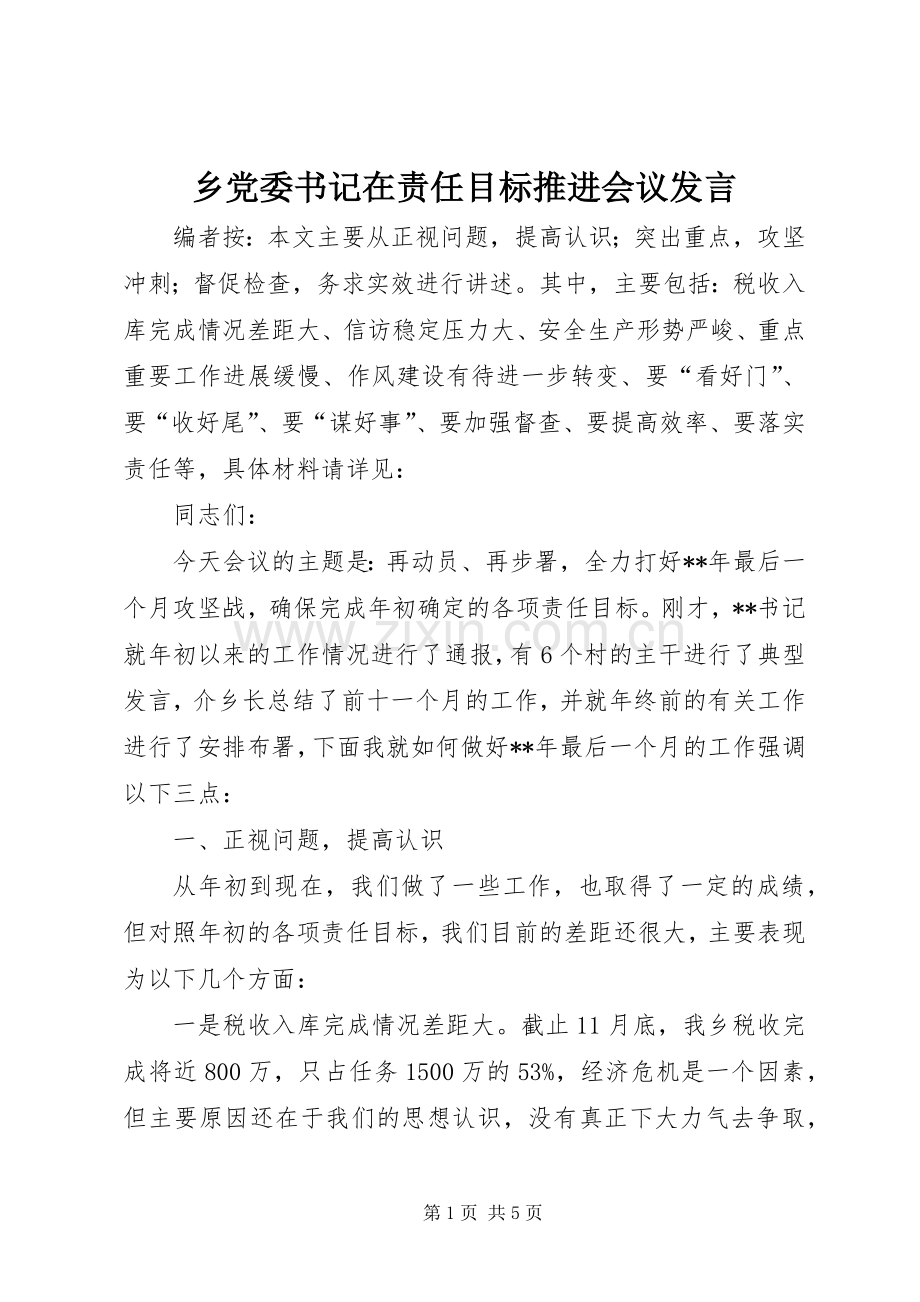 乡党委书记在责任目标推进会议发言稿.docx_第1页