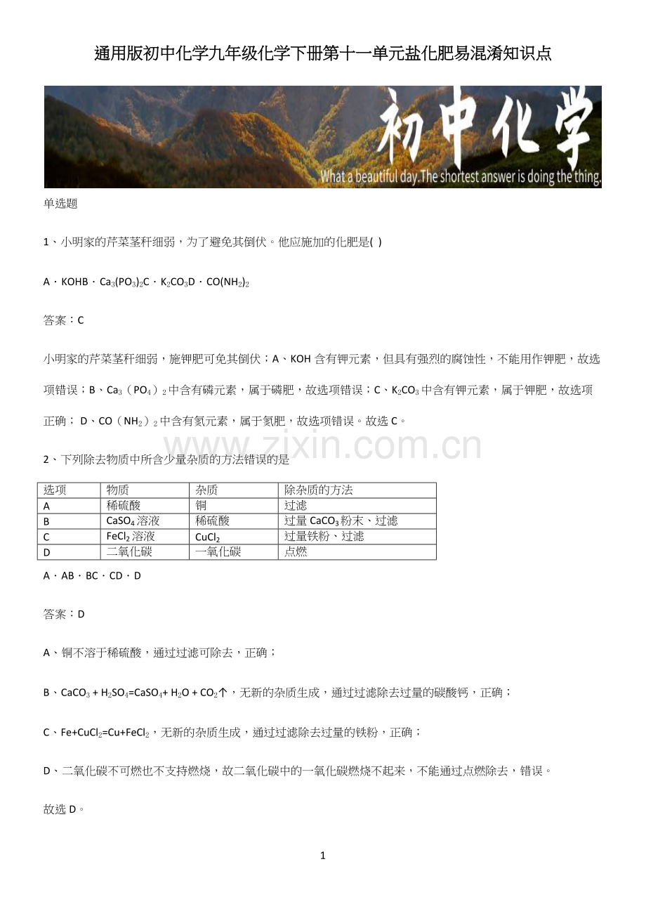 通用版初中化学九年级化学下册第十一单元盐化肥易混淆知识点.docx_第1页