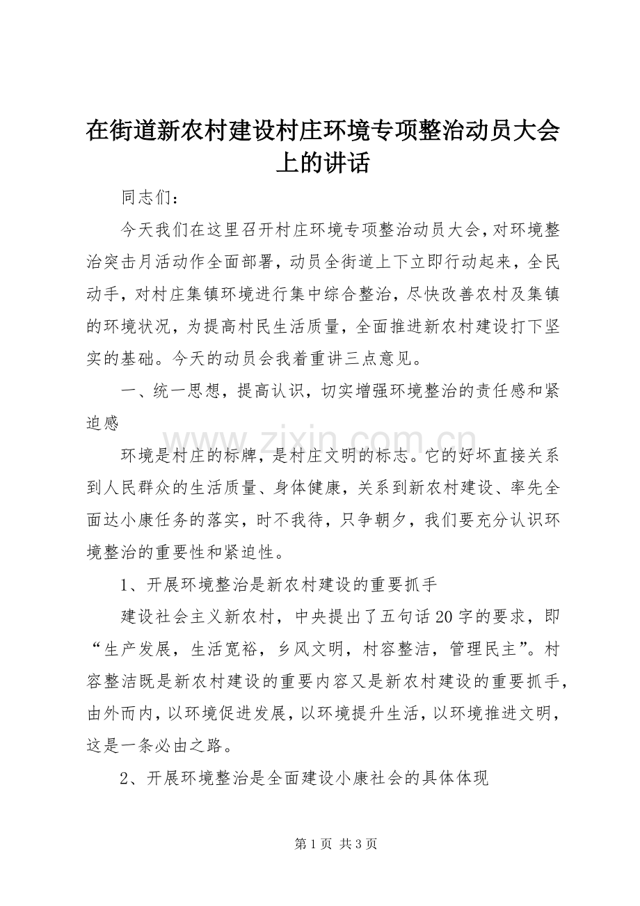 在街道新农村建设村庄环境专项整治动员大会上的讲话.docx_第1页