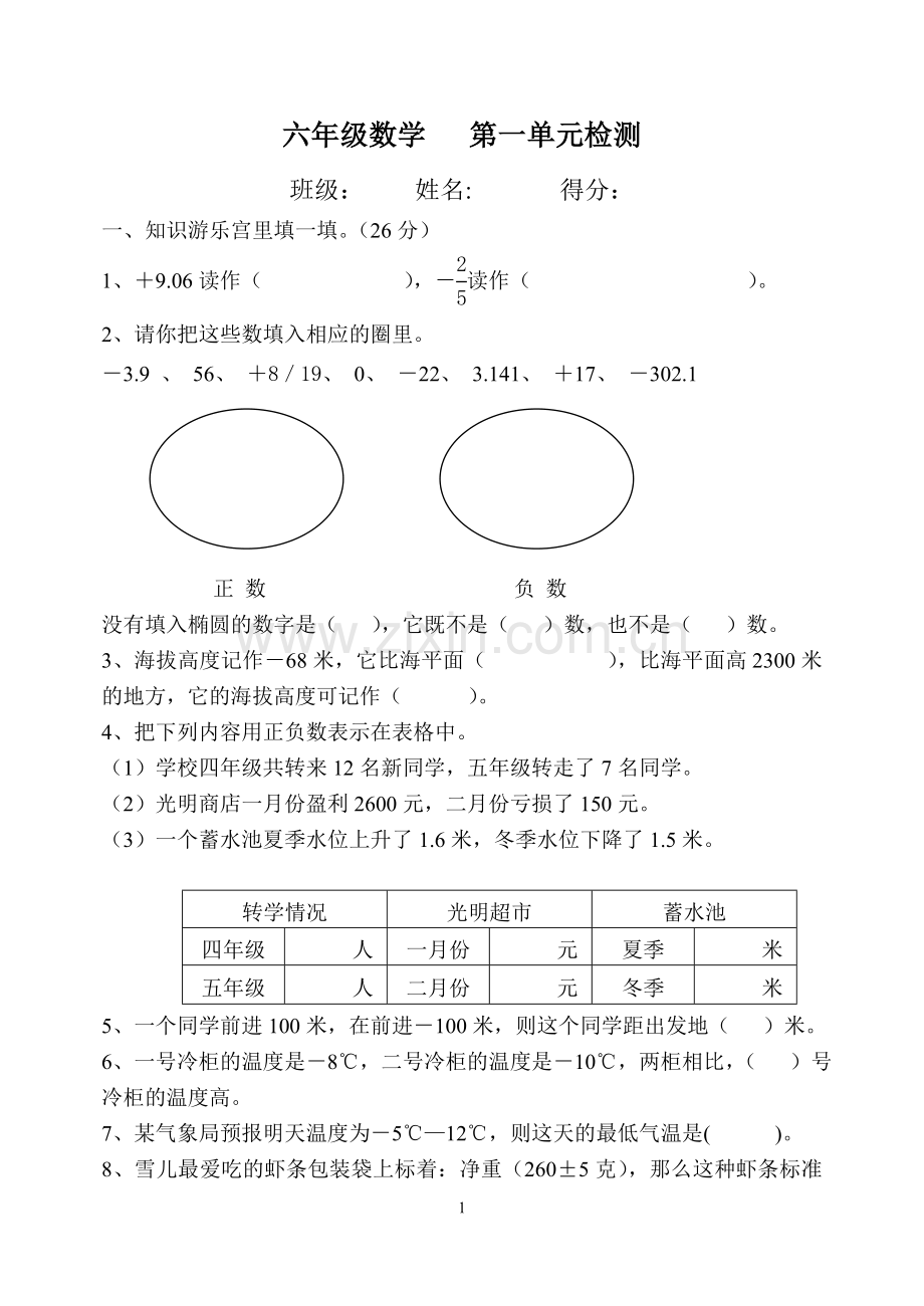 小学数学六年级下第一单元负数检测卷.doc_第1页