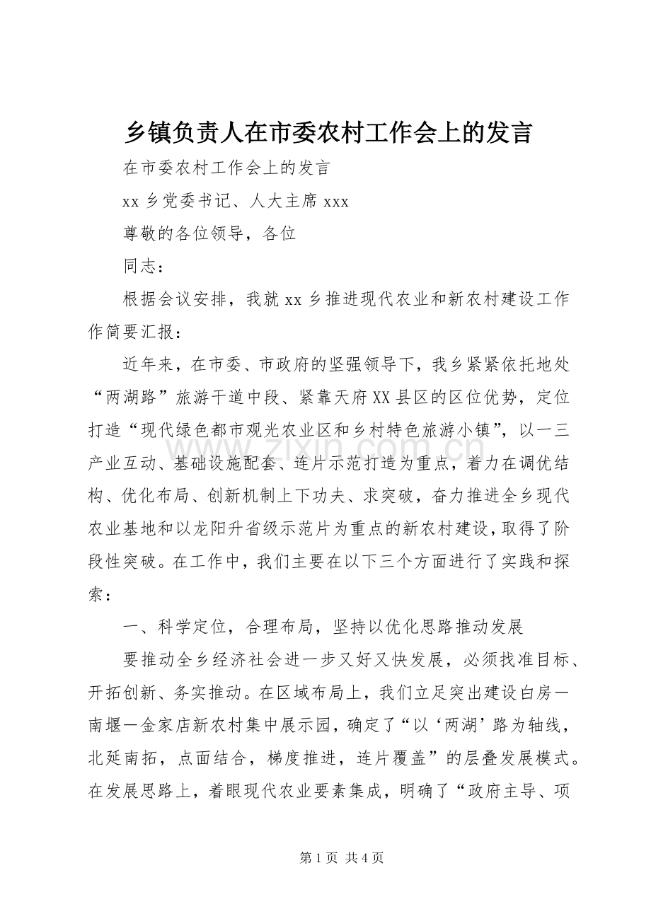 乡镇负责人在市委农村工作会上的发言稿.docx_第1页