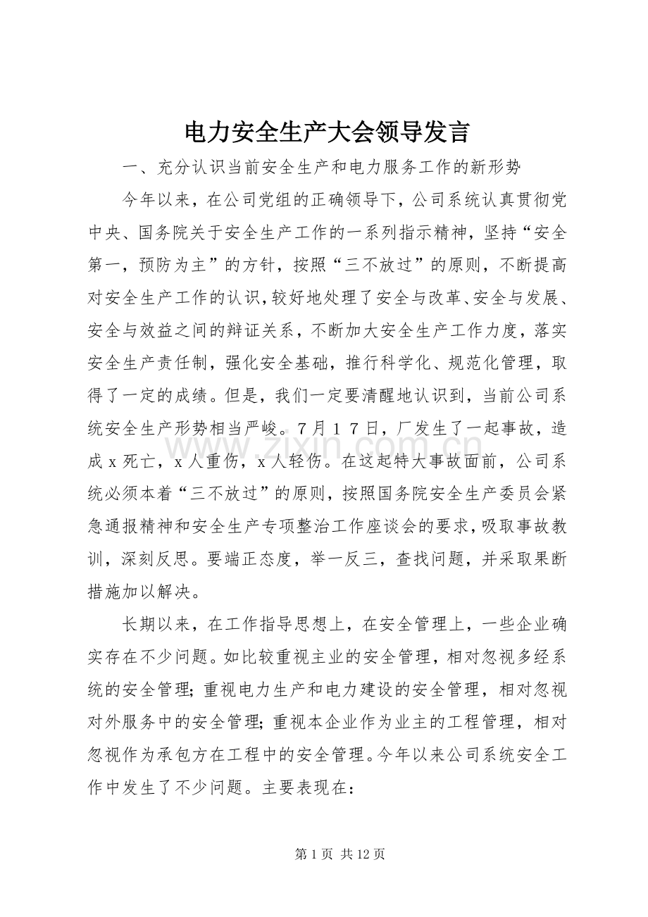 电力安全生产大会领导发言稿.docx_第1页