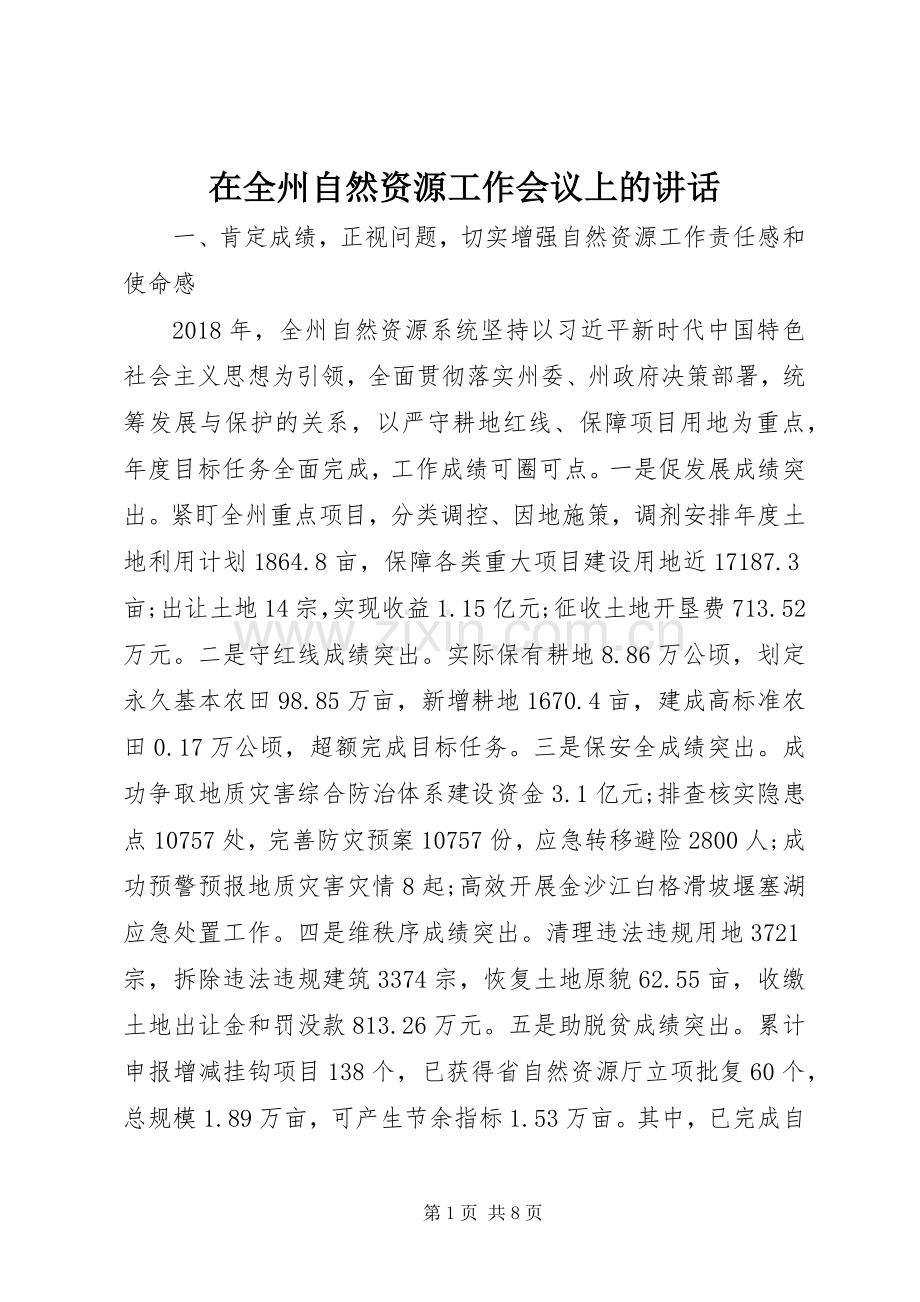 在全州自然资源工作会议上的讲话.docx_第1页