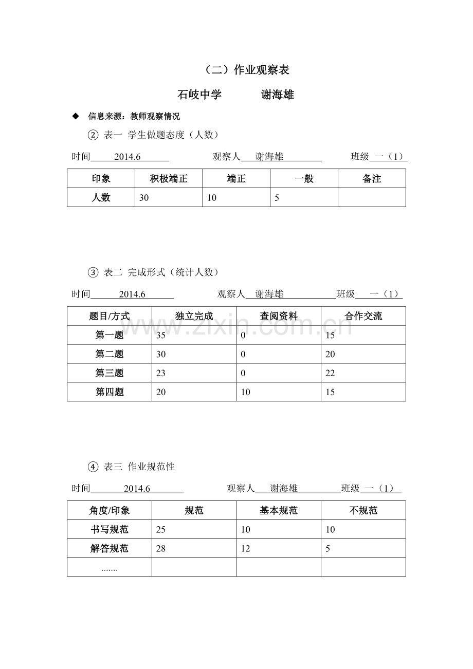 BC作业观察表-基于学情的有效作业研究谢海雄.doc_第1页