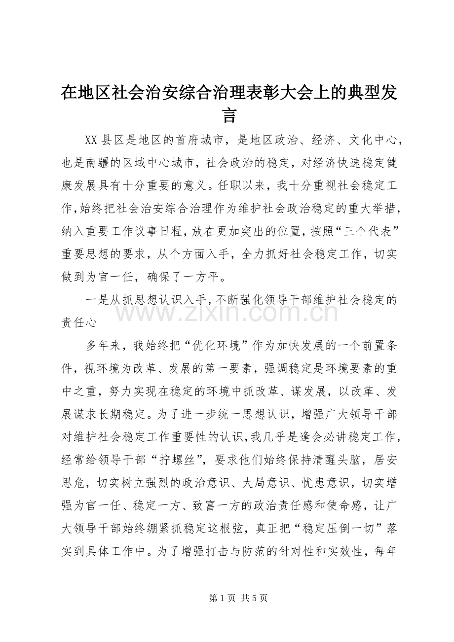 在地区社会治安综合治理表彰大会上的典型发言稿.docx_第1页