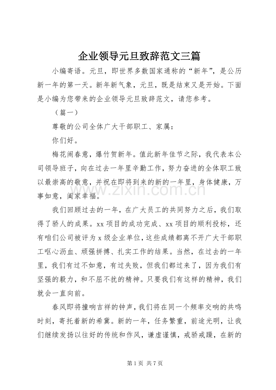 企业领导元旦演讲致辞范文三篇.docx_第1页