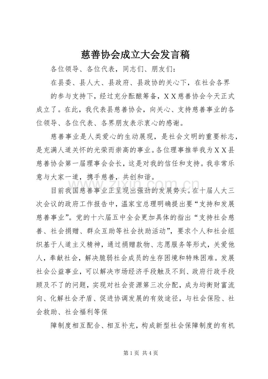 慈善协会成立大会发言.docx_第1页