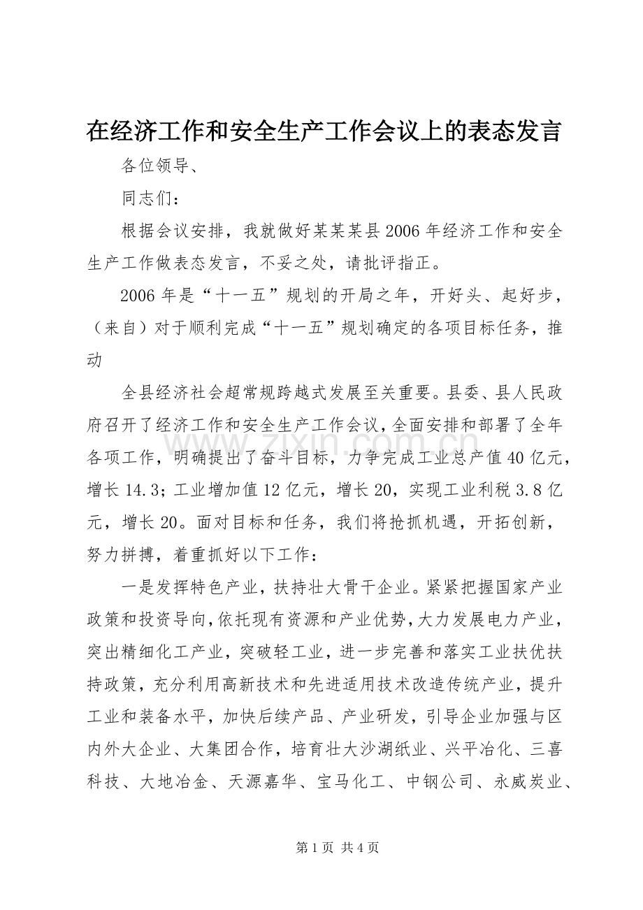 在经济工作和安全生产工作会议上的表态发言稿 (2).docx_第1页