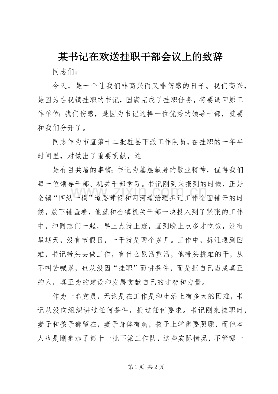 某书记在欢送挂职干部会议上的演讲致辞范文.docx_第1页