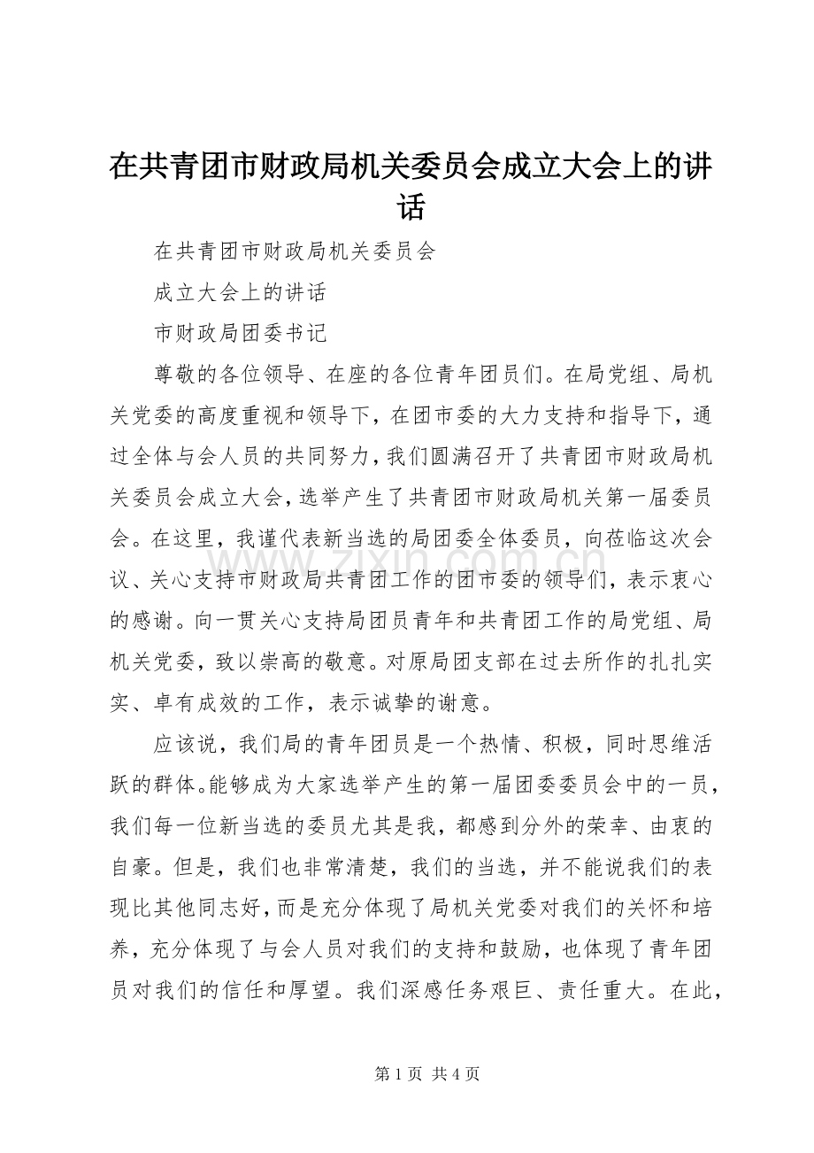 在共青团市财政局机关委员会成立大会上的讲话.docx_第1页