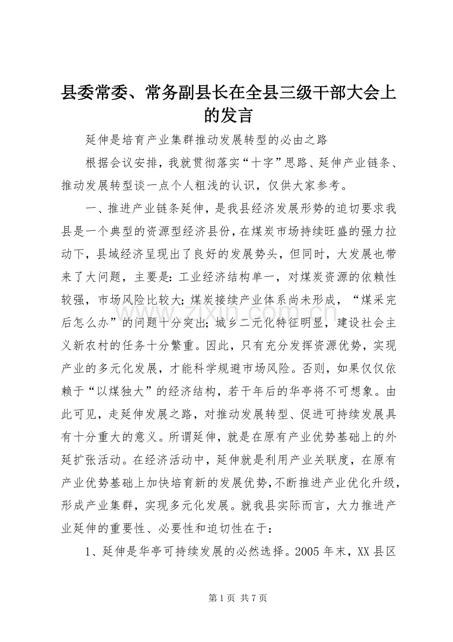 县委常委、常务副县长在全县三级干部大会上的发言.docx_第1页