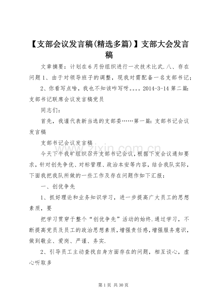 【支部会议发言(多篇)】支部大会发言.docx_第1页