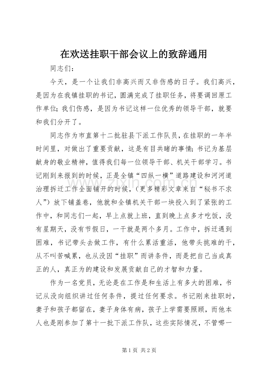 在欢送挂职干部会议上的致辞演讲范文通用.docx_第1页