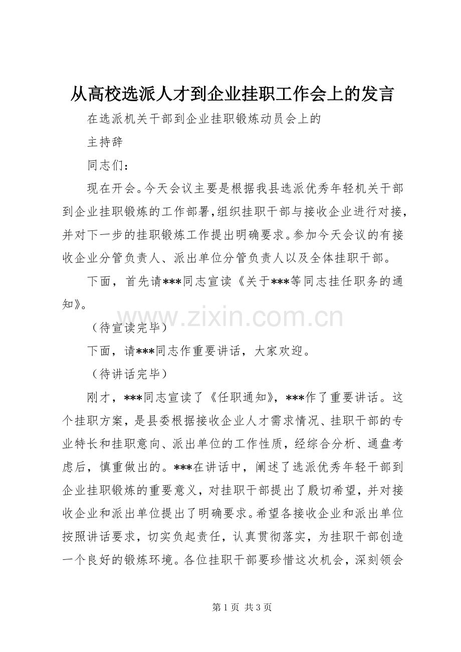 从高校选派人才到企业挂职工作会上的发言稿(5).docx_第1页