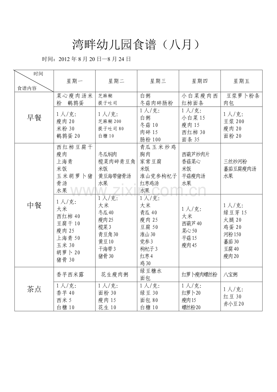 湾畔幼儿园食谱(八月).doc_第1页