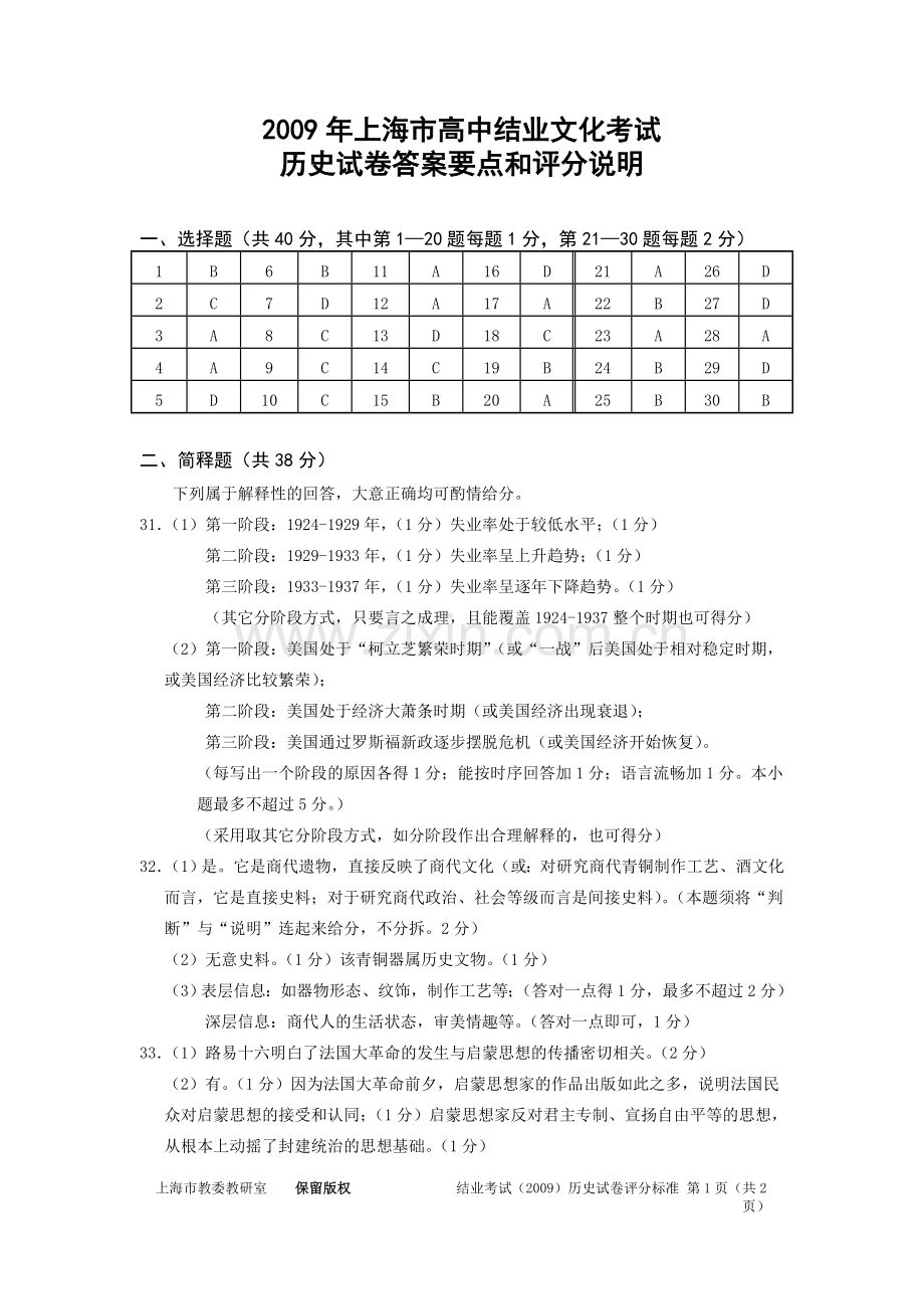 2009年上海市高中结业文化考试历史试卷答案要点及评分说明.doc_第1页