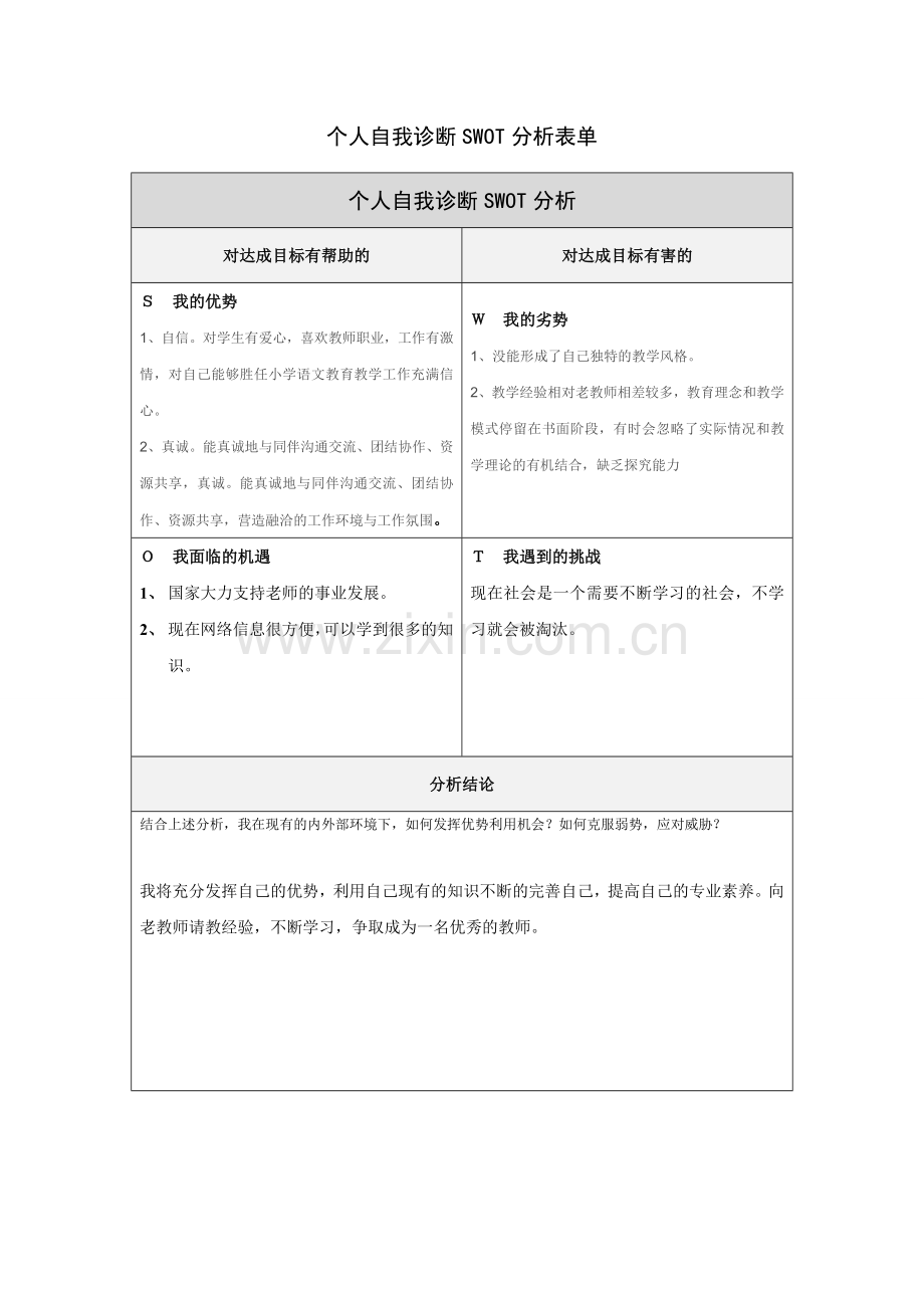 黄丹个人自我诊断SWOT分析表.doc_第1页