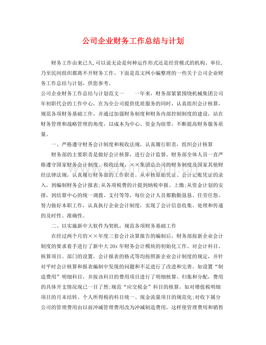 公司企业财务工作总结与计划 .docx_第1页